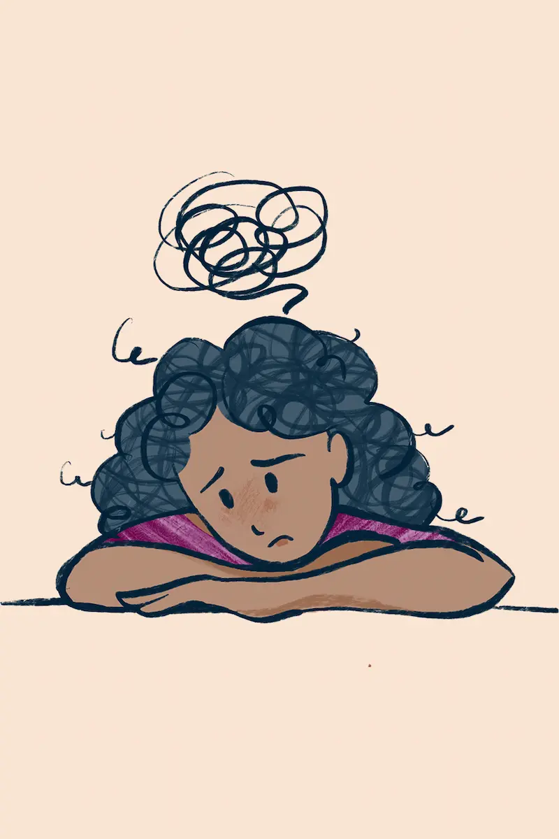 Image animée représentant une jeune femme au bout du rouleau : représentation de la poubelle émotionnelle trop remplie