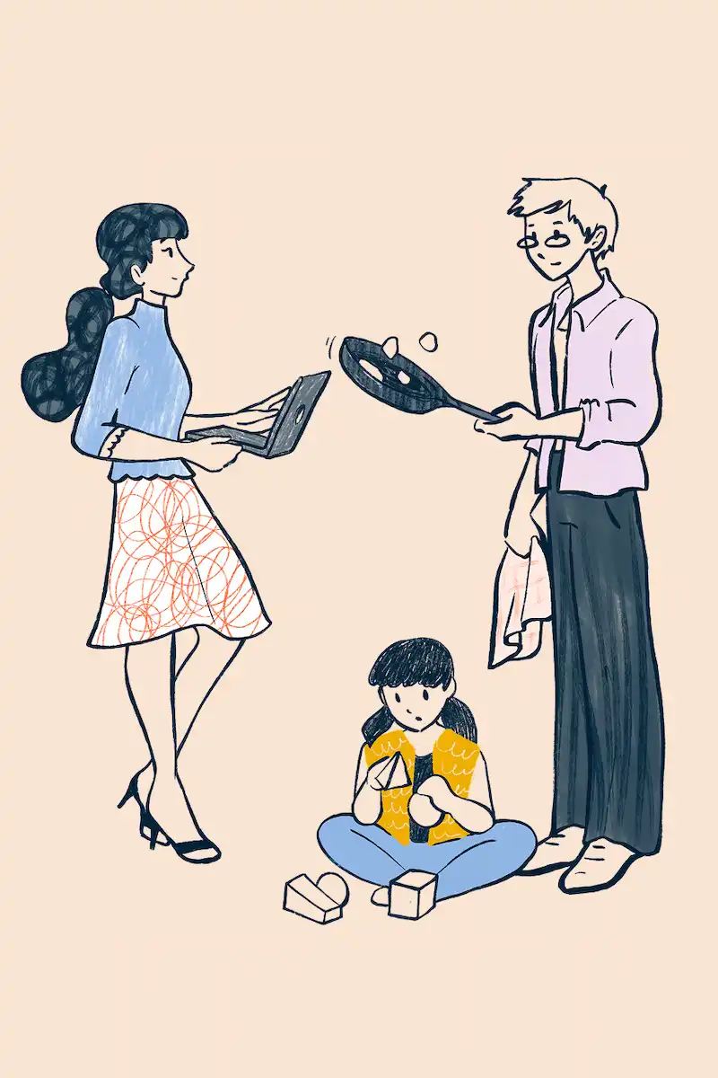 homme et femme à la maison et au travail avec bébé : représentation de la charge mentale partagée : comment tout gérer quand on est entrepreneur·e